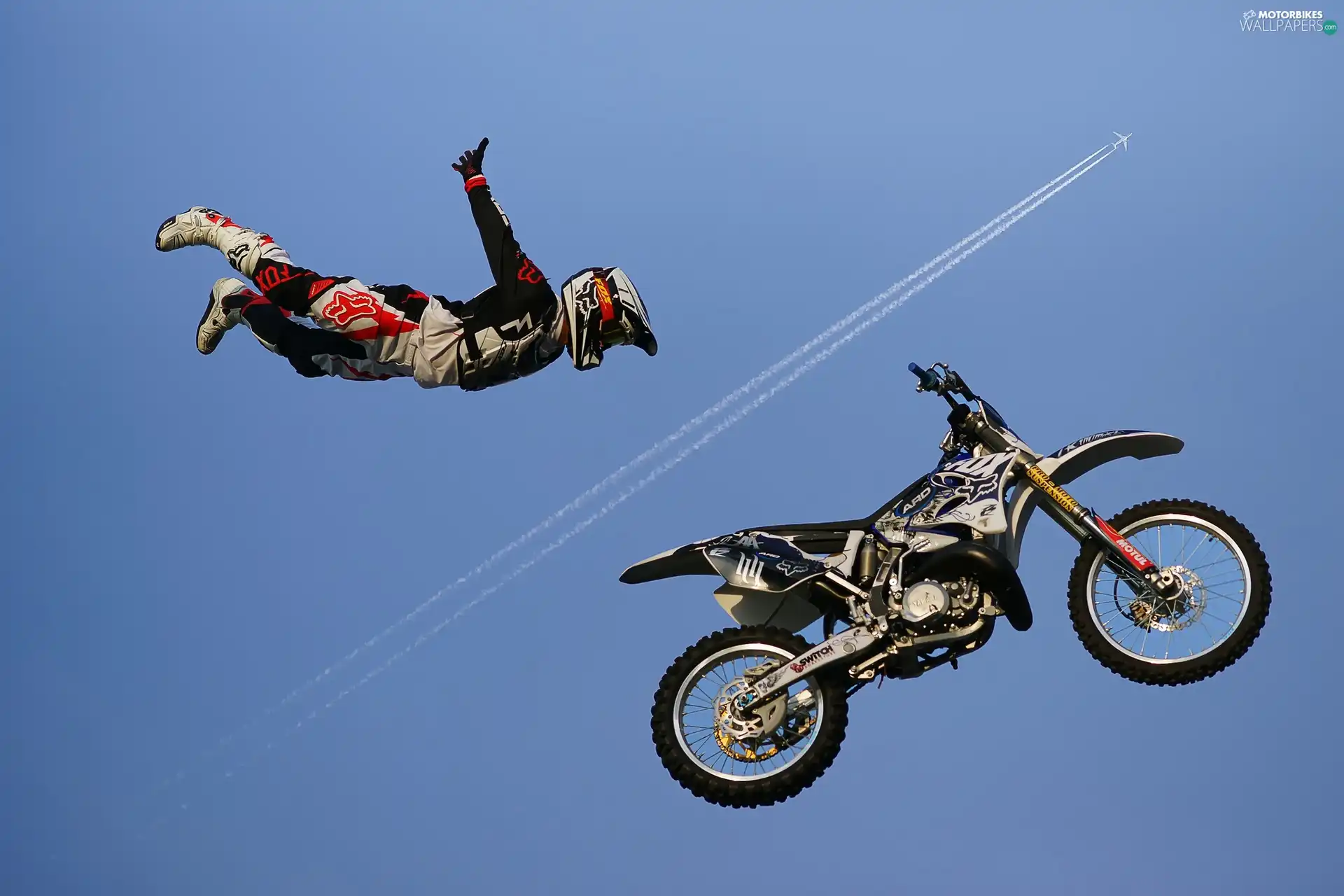 acrobatics, Sky, plane, Cross, a man, motor-bike