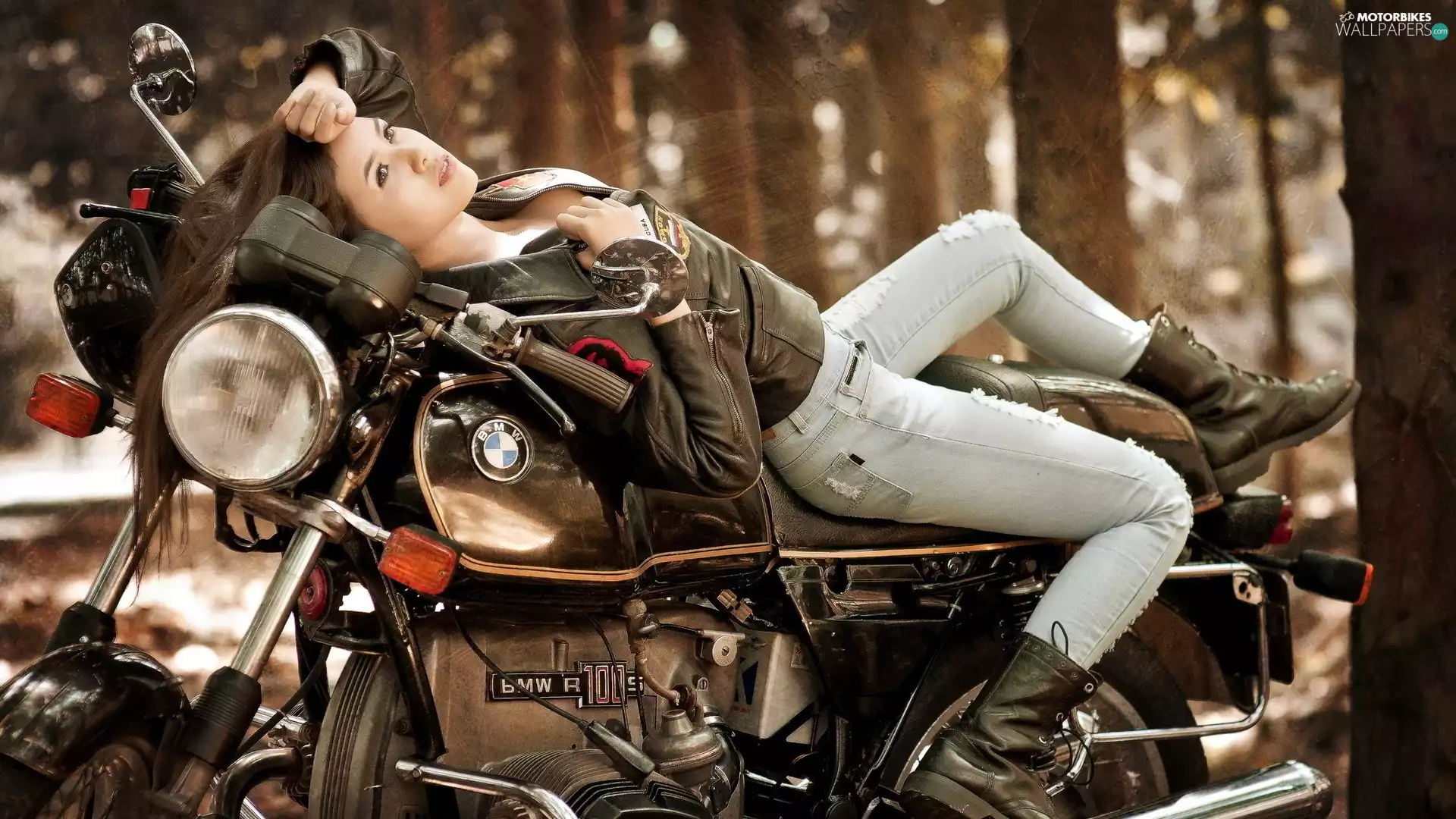 Motorbike, girl, brunette, BMW