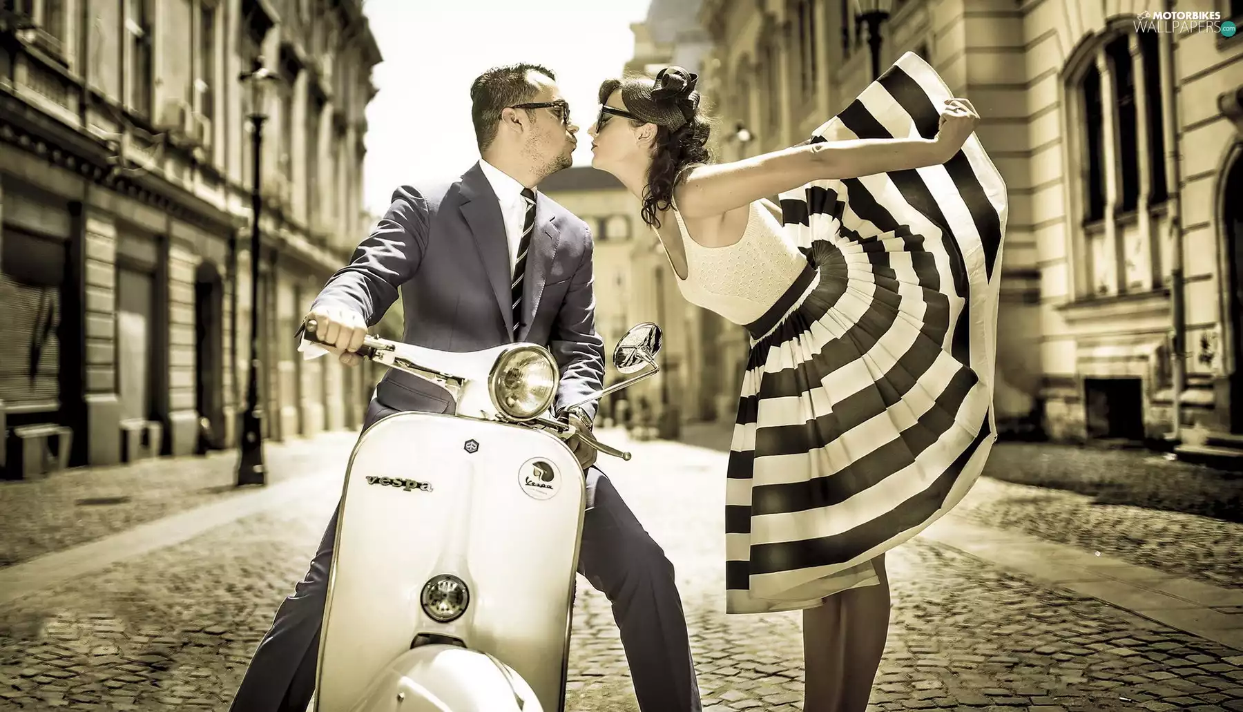 girl, boy, scooter, Vintage, Street