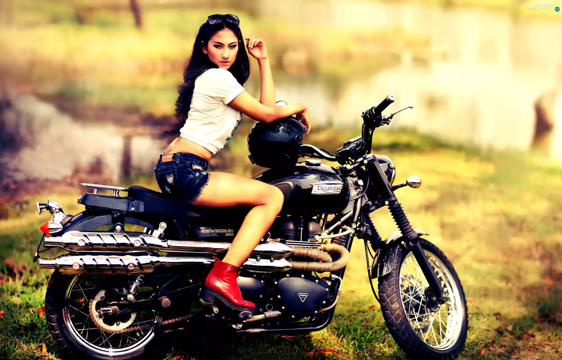 Women, brunette, Triumph, Scrambler, Motorbike