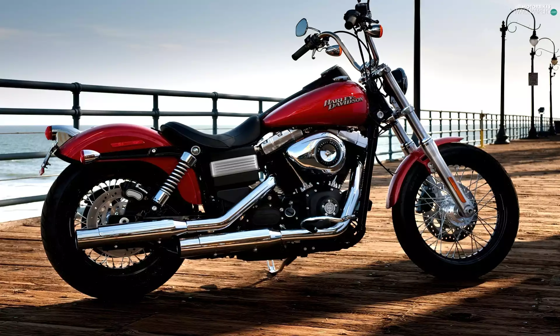 Davidson, motor-bike, crash barrier, lanterns, bridge, Harley