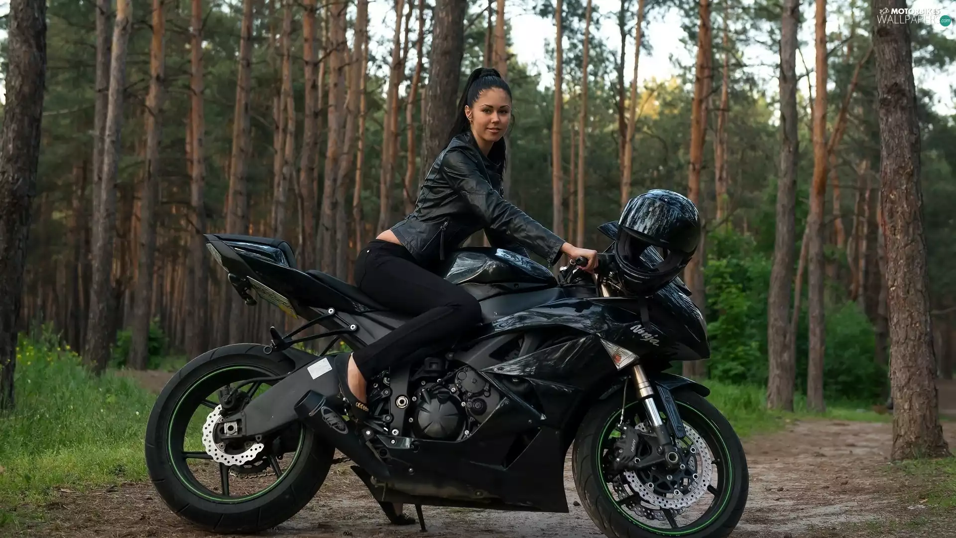 forest, motor-bike, Kawasaki, brunette