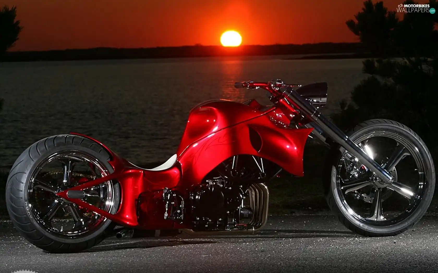 Red, motor-bike, sun, lake, west