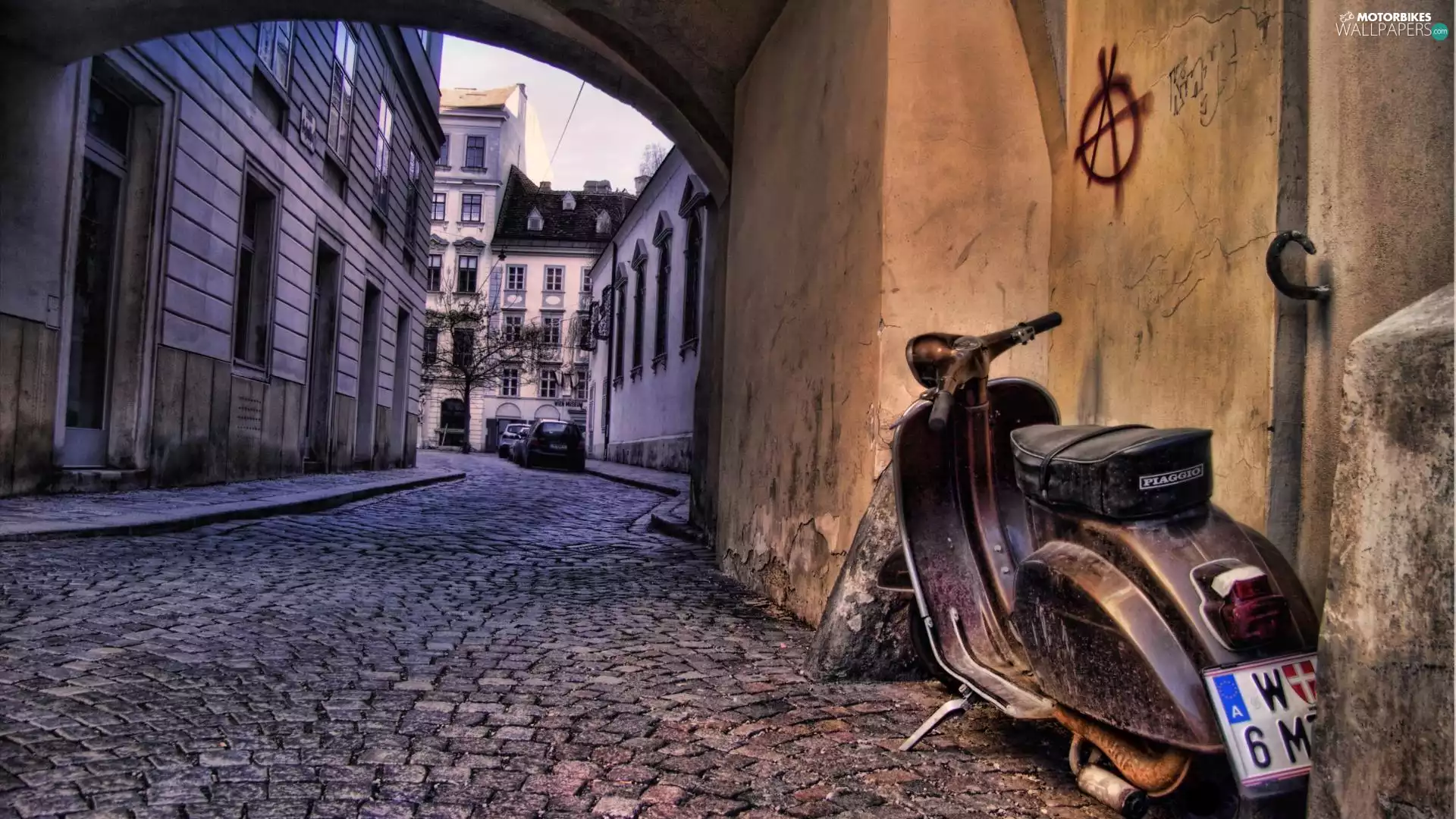 Houses, HDR, Piaggio Scooter, Street, Old car