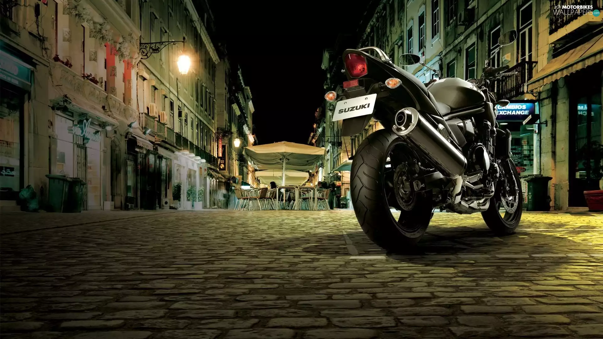 Motorbike, Town, night, Suzuki