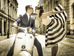 girl, boy, scooter, Vintage, Street