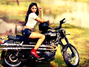 Women, brunette, Triumph, Scrambler, Motorbike