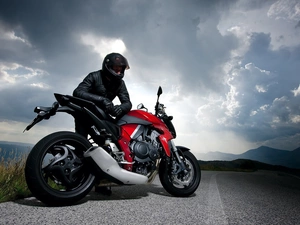 Way, clouds, Honda, CBR, Motorcyclist