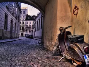 Houses, HDR, Piaggio Scooter, Street, Old car